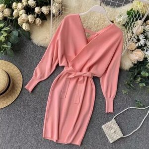 Pink V-Neck Mid-Length Knitted Dress